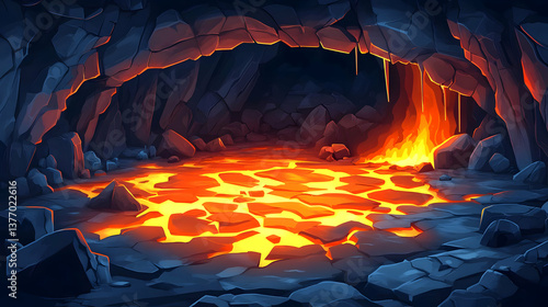 Pixel Art Lava Cave Interior with Glowing Molten Rock and Rough Stone Walls a Hot Volcanic Landscape