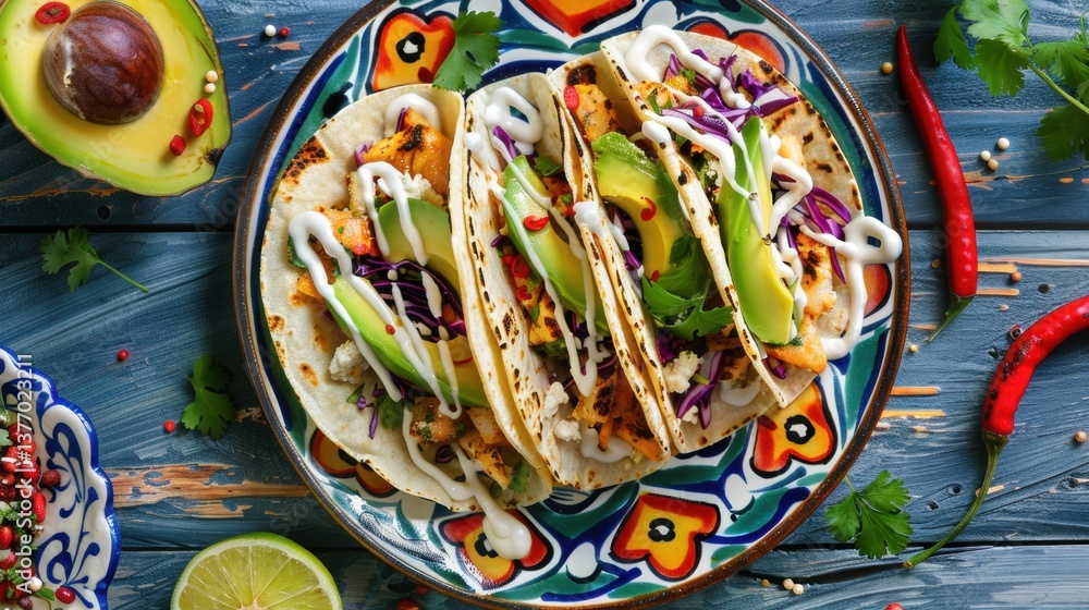Gourmet Tacos with Avocado and Fresh Vegetables on a Festive Plate