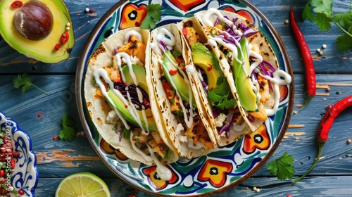 Obraz na płótnie Gourmet Tacos with Avocado and Fresh Vegetables on a Festive Plate w salonie
