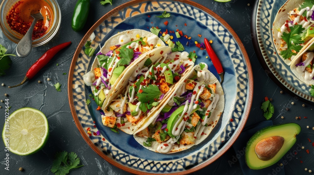 Vegetarian Tacos with Avocado, Fresh Cilantro, and Spicy Drizzle