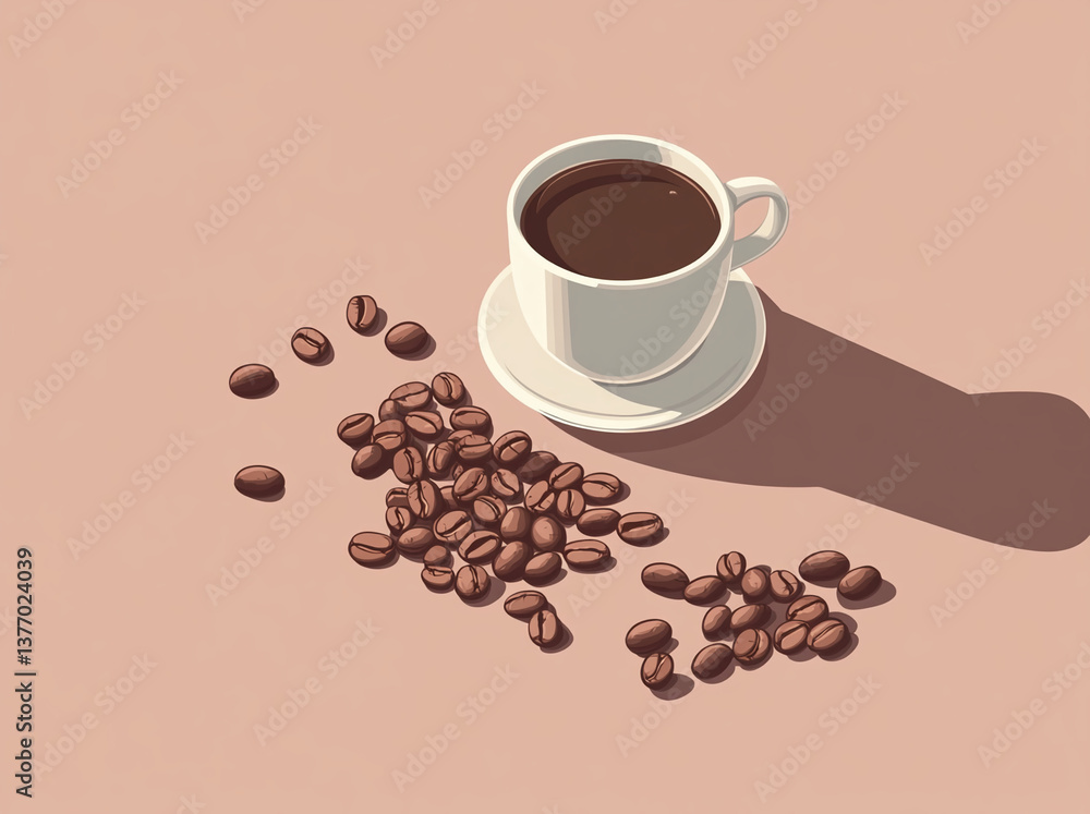 Obraz premium Coffee cup on a minimalistic surface with spilled coffee beans showcasing a serene morning vibe