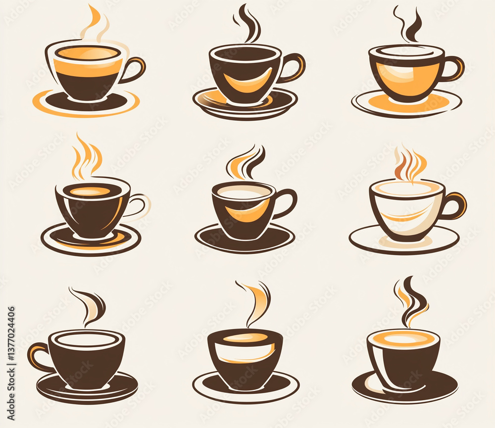 Variety of warm coffee cups displayed in artistic patterns, showcasing different shapes and designs during a cozy morning atmosphere Variety of warm coffee cups displayed in artistic patterns, showcasing different shapes and designs during a cozy morning atmosphere