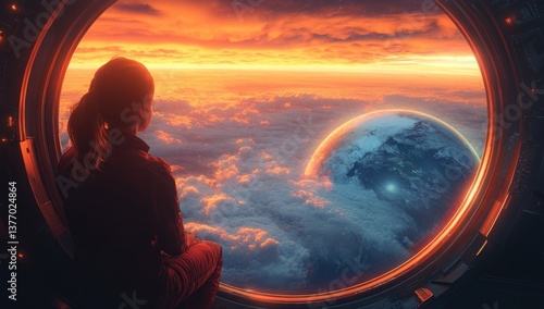 Stunning View of Earth from Spacecraft Window with Cupola Porthole and Soft Ambient Lighting