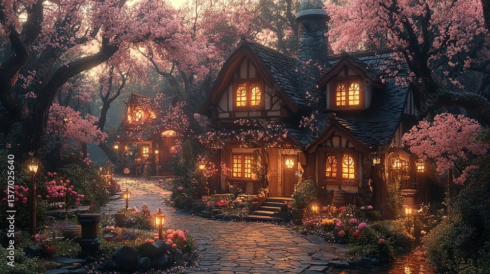 Fototapeta premium Cozy cottage scene; glowing windows, blossoms, stone path, warm lighting