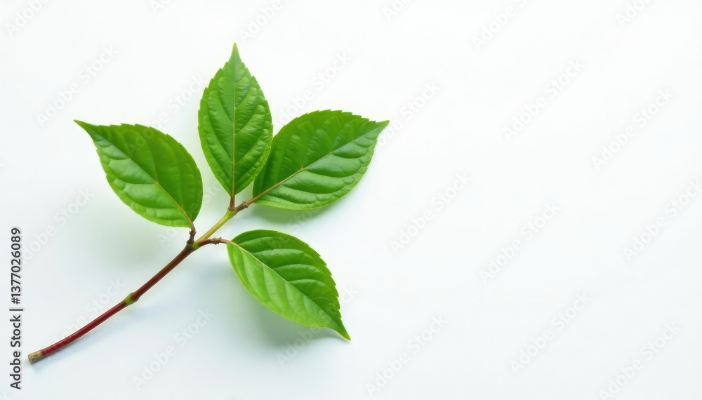 Fototapeta premium Single branch with leaves against a white backdrop, simplicity, leaf