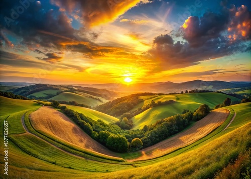 Panoramic Heart Symbol Landscape: Romantic Sunset Over Rolling Hills