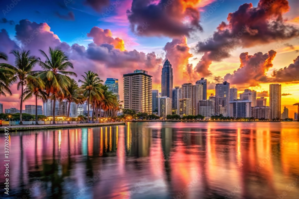 Fototapeta premium Panoramic Miami Beach Skyline at Sunset, Vibrant Cityscape View