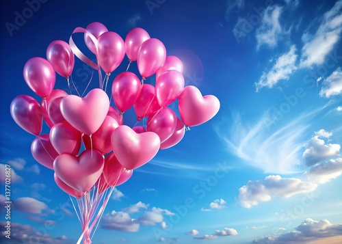 Panoramic Love: Pink Ribbon and Heart Shaped Balloons Floating on Blue Sky