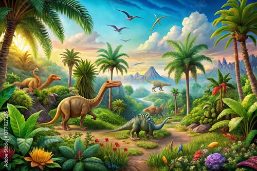 Fototapeta Naklejka Na Ścianę i Meble -  Panoramic Prehistoric Scene: Colorful Cartoon Dinosaurs in a Lush Landscape