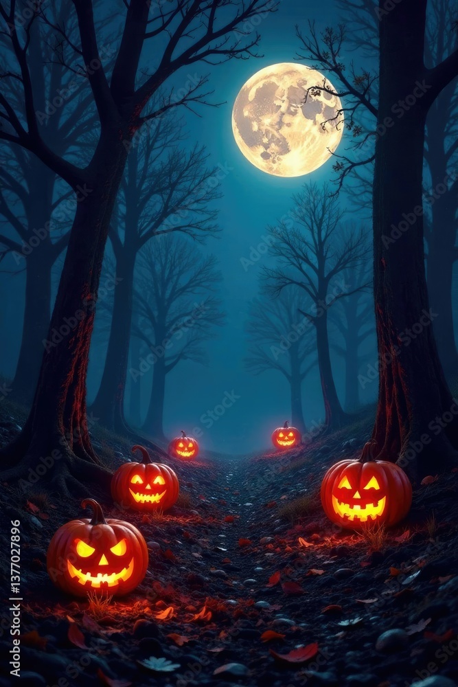 Fototapeta premium Spooky moonlit forest with glowing jack-o-lanterns, trees, autumn night, shadows