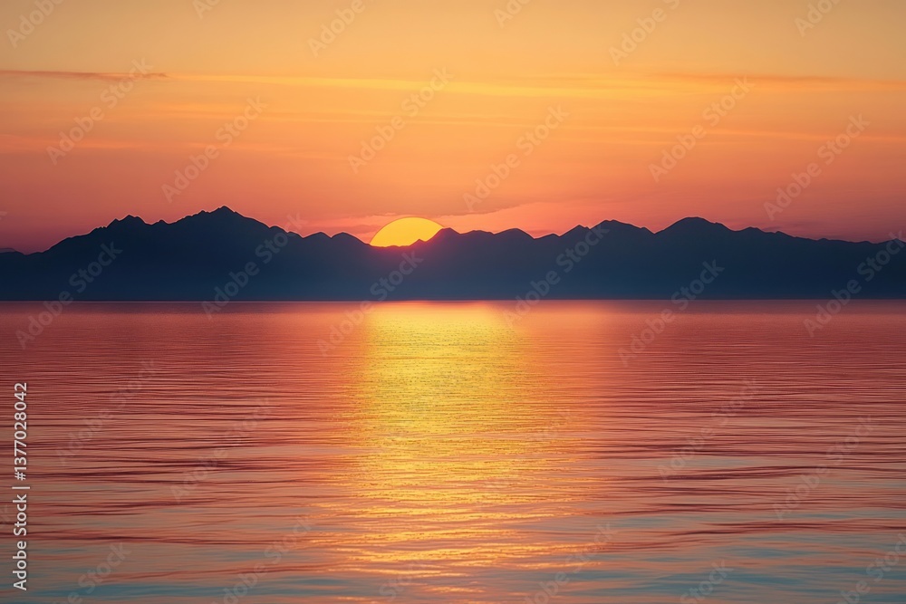 serene sunset over calm ocean with distant mountains beautiful landscape at dusk serene sunset over calm ocean with distant mountains beautiful landscape at dusk