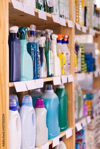 Obraz na płótnie Detergents and cleaning products on shelves of household chemicals store w salonie