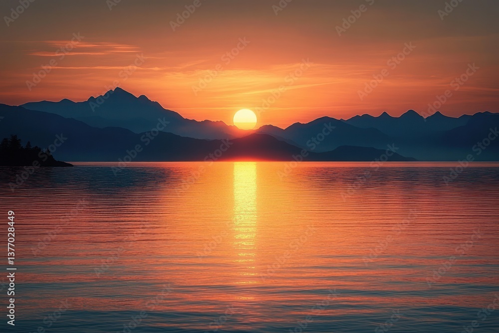golden sunset over calm water with mountains and reflective sky landscape golden sunset over calm water with mountains and reflective sky landscape