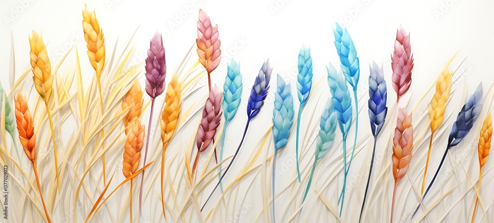 White background with drawings of colorful wheat grain for children, ai generative White background with drawings of colorful wheat grain for children, ai generative