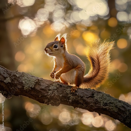 Forest Squirrel Posing on Branch, Golden Light