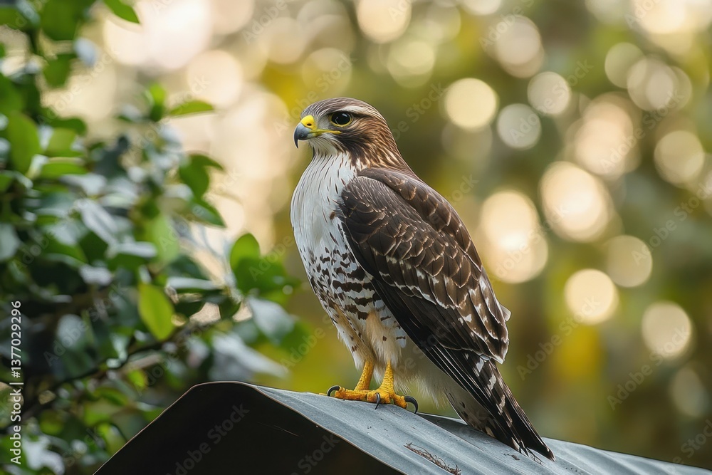 Sparrowhawk Perched on Metal Roof Surrounded by Green Foliage Sparrowhawk Perched on Metal Roof Surrounded by Green Foliage