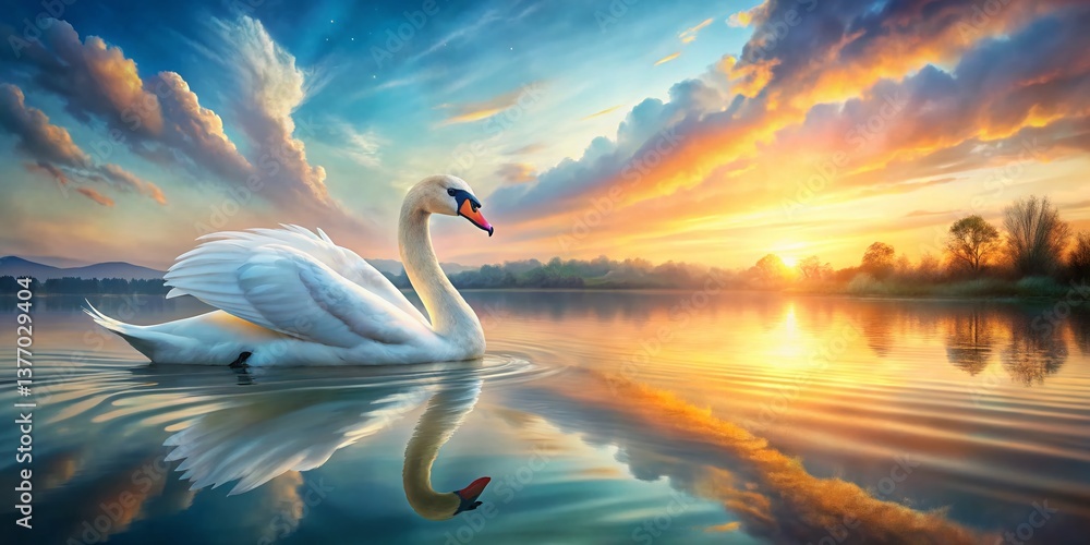 Fototapeta premium Panoramic Watercolor Swan Lake Sunset - Serene Wildlife Landscape