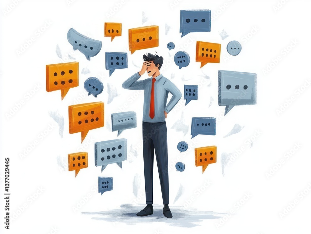 Stressed Businessman Overwhelmed by Information Overload in Isometric Illustration Stressed Businessman Overwhelmed by Information Overload in Isometric Illustration