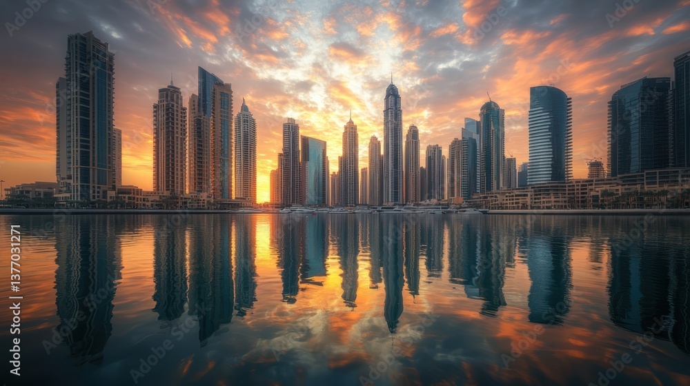 Obraz premium Sunrise Skyline Reflection, Marina