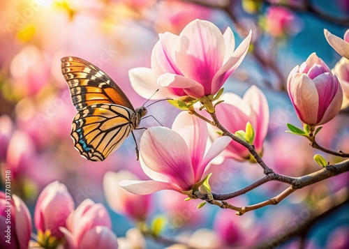 Pink Magnolia Blossom Branch with Butterfly Spring Nature Background