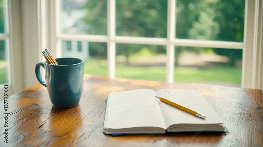 A clean, modern workspace featuring an open sketchbook, laptop, and various office supplies arranged in a minimalist, organized manner. A clean, modern workspace featuring an open sketchbook, laptop, and various office supplies arranged in a minimalist, organized manner.
