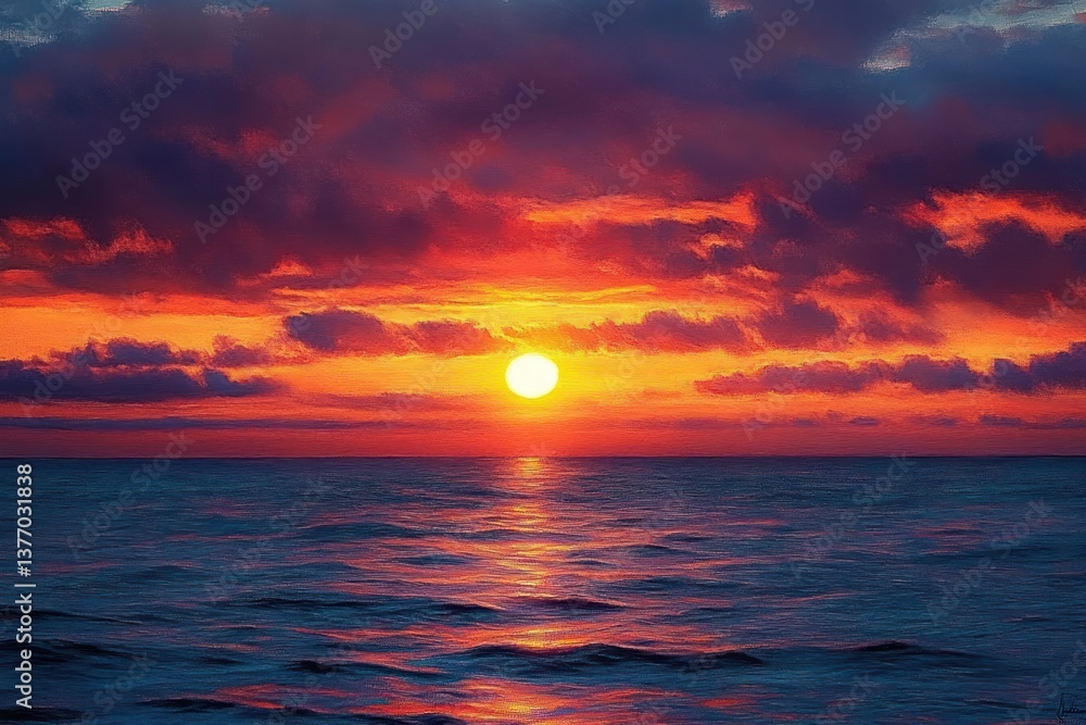 Fototapeta premium Vibrant Sunset Ocean Horizon with Dramatic Clouds and Waves