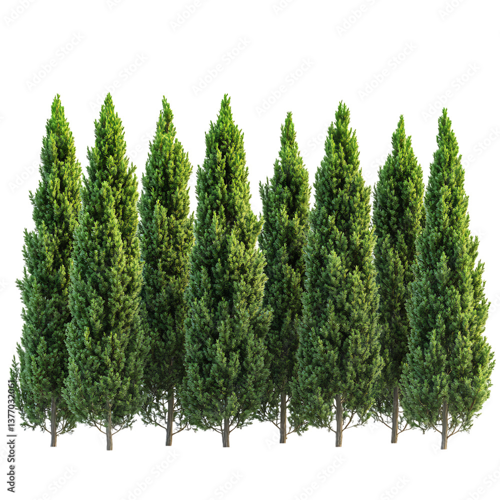 A Row of Juniper Trees Isolated on Transparent Background A Row of Juniper Trees Isolated on Transparent Background