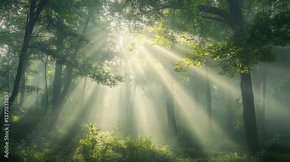 Obraz premium Enchanting sunlight filtering through a tranquil and misty green forest