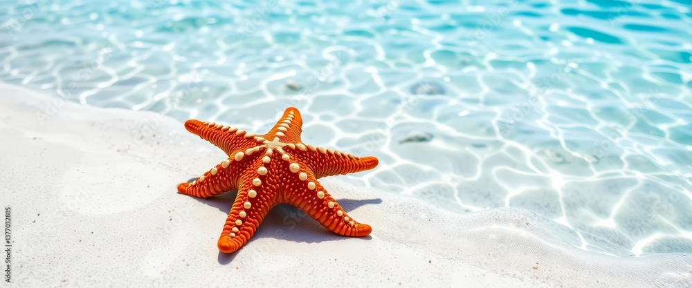 A vibrant starfish rests on a sun-kissed beach, clear turquoise water shimmering in the summer background, sun, water A vibrant starfish rests on a sun-kissed beach, clear turquoise water shimmering in the summer background, sun, water