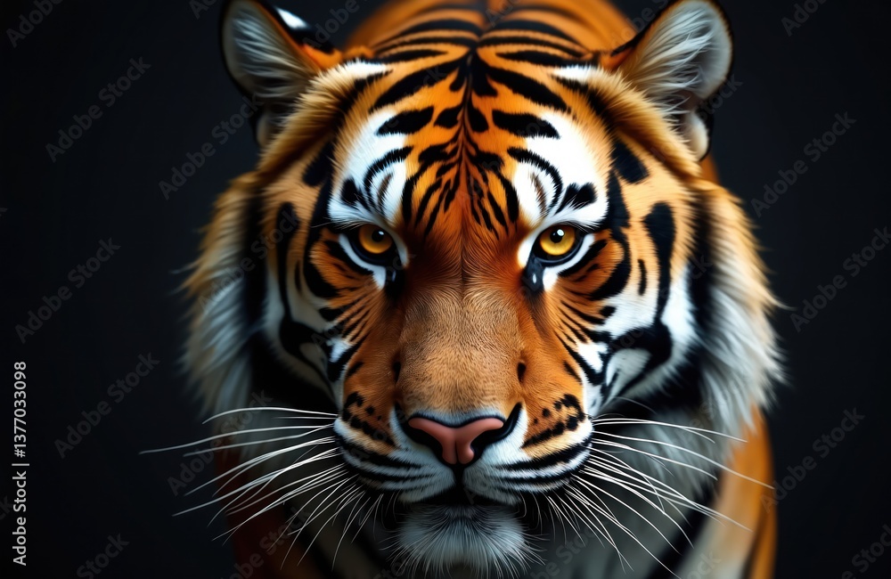 Close-up portrait of tiger face. Majestic animal with fierce eyes, intense gaze, orange fur, black stripes. The big cat predator on dark background. Wildlife theme. Close-up portrait of tiger face. Majestic animal with fierce eyes, intense gaze, orange fur, black stripes. The big cat predator on dark background. Wildlife theme.