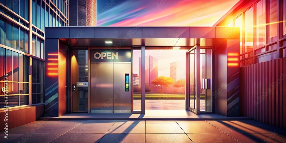 Panoramic View of Open Door Plate Sign - Modern Building Entrance Panoramic View of Open Door Plate Sign - Modern Building Entrance