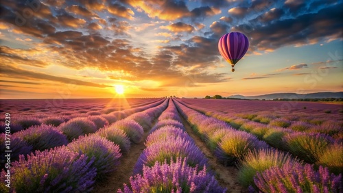 Purple Balloon Floating Over Lush Lavender Field at Sunset - Landscape Photography