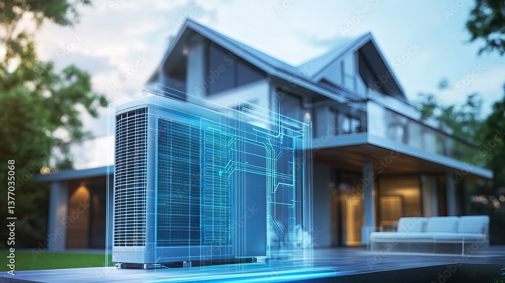 Modern Smart Home Air Conditioning Unit Exterior Design Technology House Blueprint Digital 3D Model Rendering Illustration HVAC System Energy Efficient Climate Control Home Improvement Project Modern Smart Home Air Conditioning Unit Exterior Design Technology House Blueprint Digital 3D Model Rendering Illustration HVAC System Energy Efficient Climate Control Home Improvement Project