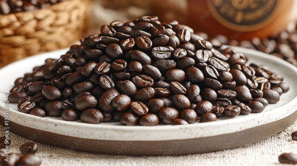 Fototapeta premium Roasted coffee beans piled on a plate