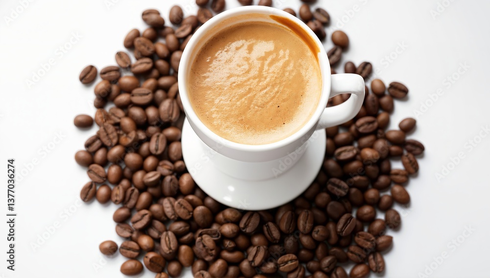 Rich Espresso Coffee in a White Cup Surrounded by Dark Coffee Beans, Isolated on white background Rich Espresso Coffee in a White Cup Surrounded by Dark Coffee Beans, Isolated on white background