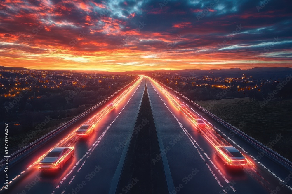 Futuristic Highway at Dusk with Vibrant Light Trails and Glowing Horizon Futuristic Highway at Dusk with Vibrant Light Trails and Glowing Horizon