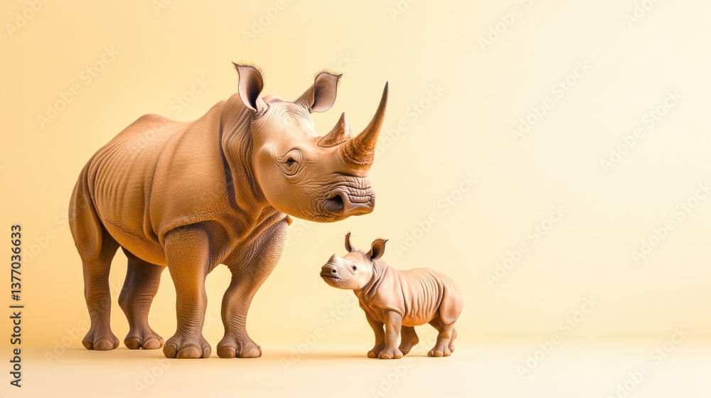 Fototapeta premium Adult and baby rhinoceros standing together on light yellow background. Mother's Day, Mothering Sunday, Dia de la Madre - Global Maternal Celebration, Worldwide Family Holiday