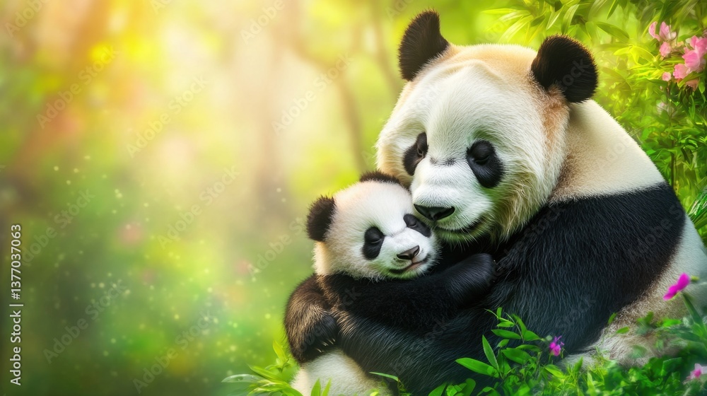 Heartwarming bond: giant panda embraces cub in lush greenery. Mother's Day, Mothering Sunday, Dia de la Madre - Global Maternal Celebration, Worldwide Family Holiday Heartwarming bond: giant panda embraces cub in lush greenery. Mother's Day, Mothering Sunday, Dia de la Madre - Global Maternal Celebration, Worldwide Family Holiday