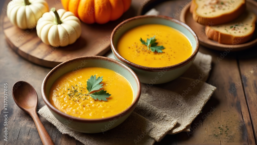 Warm Pumpkin Soup with Crusty Bread and Decorative Mini Pumpkins Warm Pumpkin Soup with Crusty Bread and Decorative Mini Pumpkins