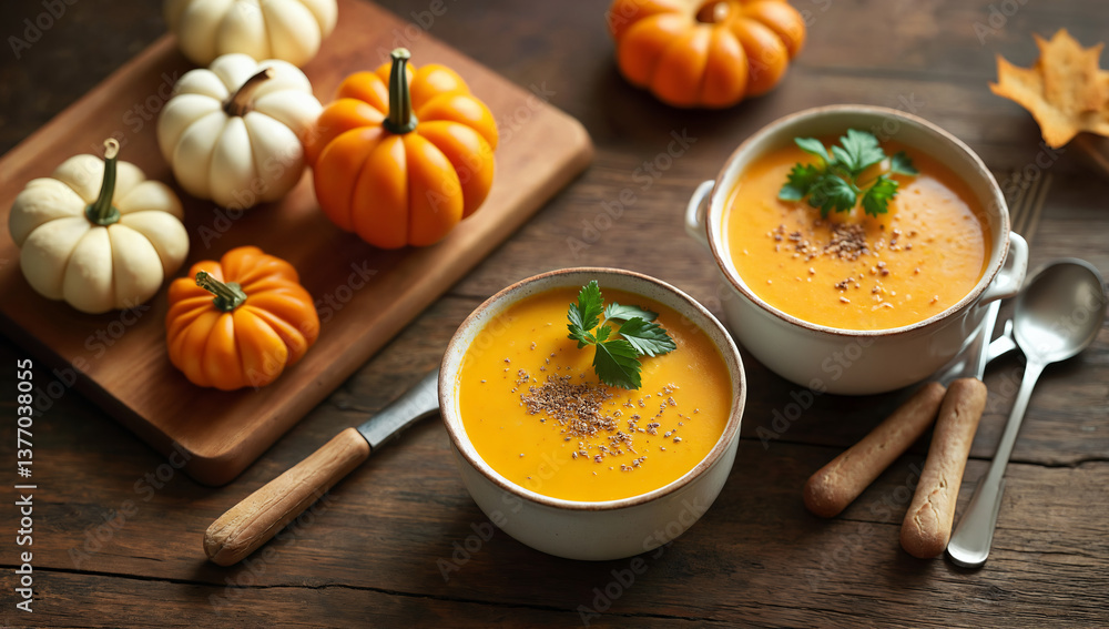 Delicious Pumpkin Soup with Decorative Pumpkins on Rustic Table Delicious Pumpkin Soup with Decorative Pumpkins on Rustic Table