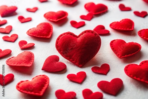 Romantic Red Hearts Scattered on White Background - Valentine's Day Stock Photo