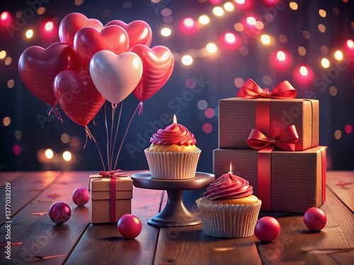 Romantic Valentine's Day Night Scene: Cake, Cupcakes, Gifts & Balloons