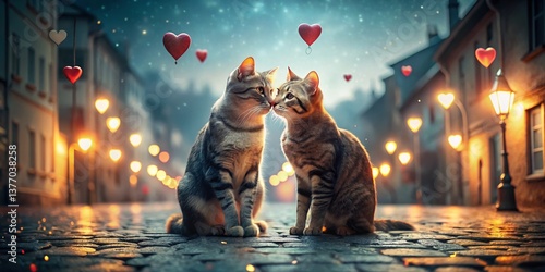 Romantic Valentine's Day Night Street Scene with Two Loving Cats