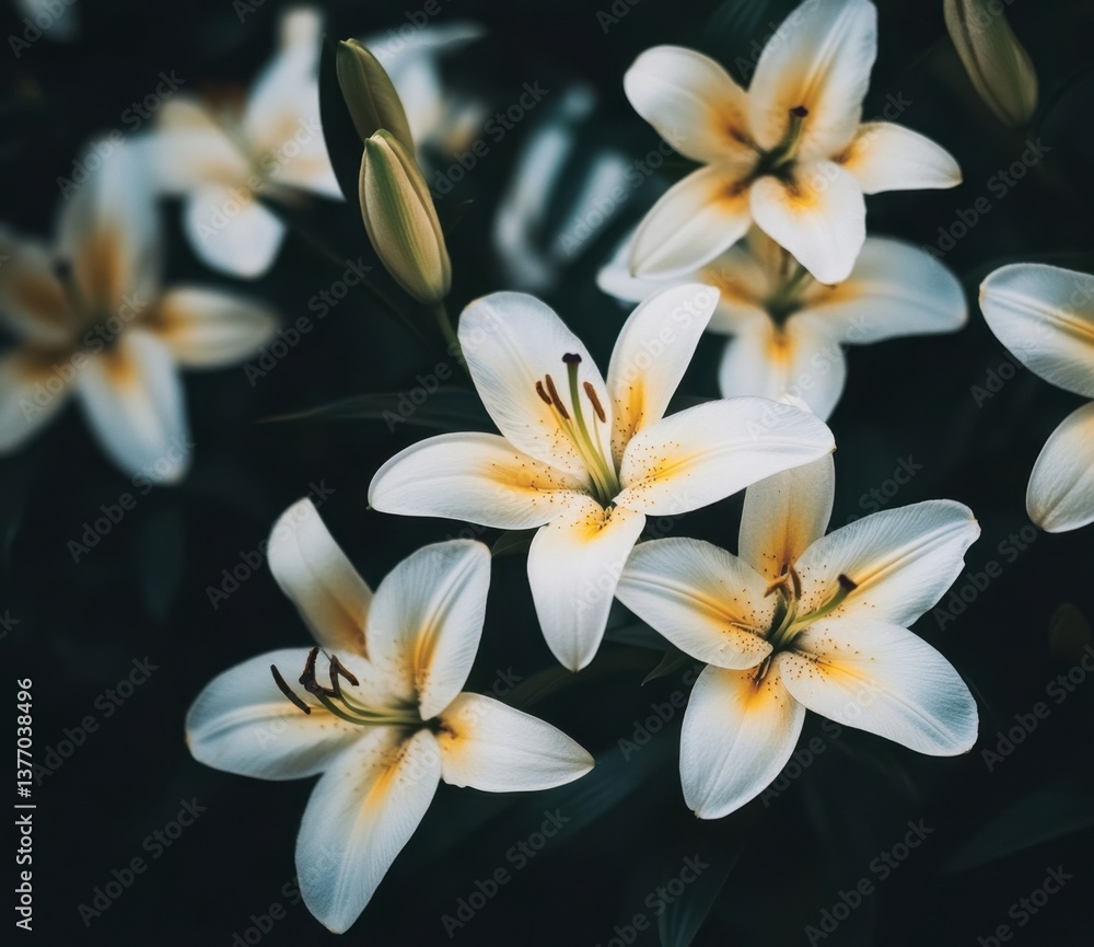 Elegant White Lily Flowers Blooming with Soft Petals Against Dark Backdrop Elegant White Lily Flowers Blooming with Soft Petals Against Dark Backdrop