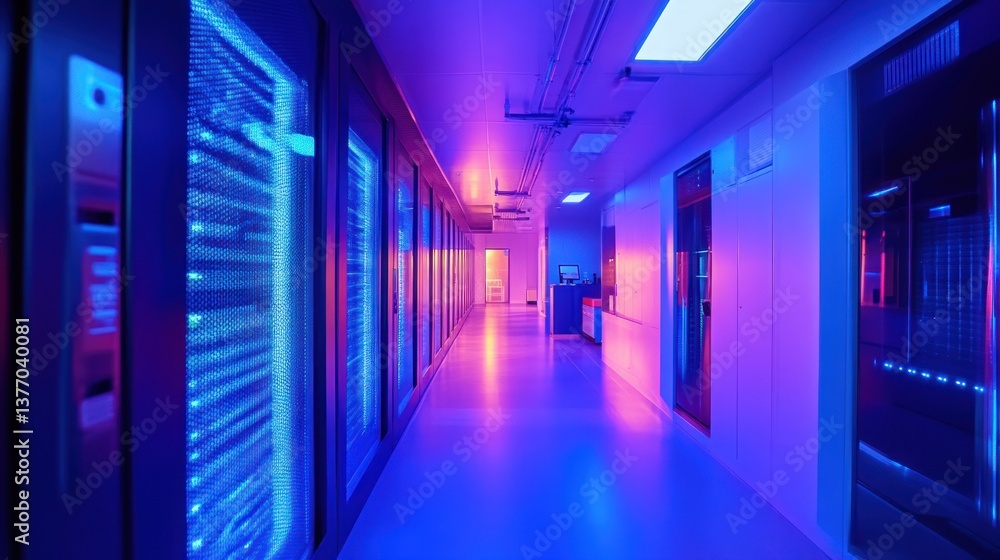 Fototapeta premium Inside Data Center Hallway with Rows of Servers and Neon Lighting