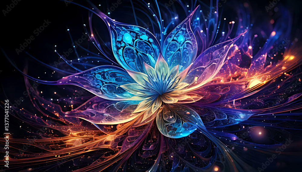 Fototapeta premium Vibrant floral digital art abstract fantasy colorful glow modern design artistic perspective