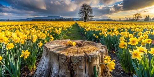 Saanich Peninsula Spring: Daffodil Field with Ancient Tree Stump - Vancouver Island