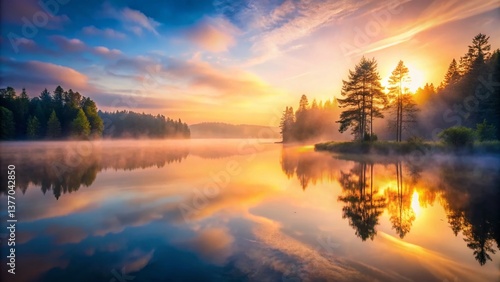 Serene Lake Landscape: Misty Dawn Over Calm Waters