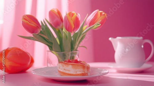 Enjoying Morning with Tulips, Sweet Pastry, and Milk on Pink Table