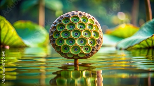 Serene Lotus Pod: Nature's Elegance in a Still Pond - High-Resolution Stock Photo